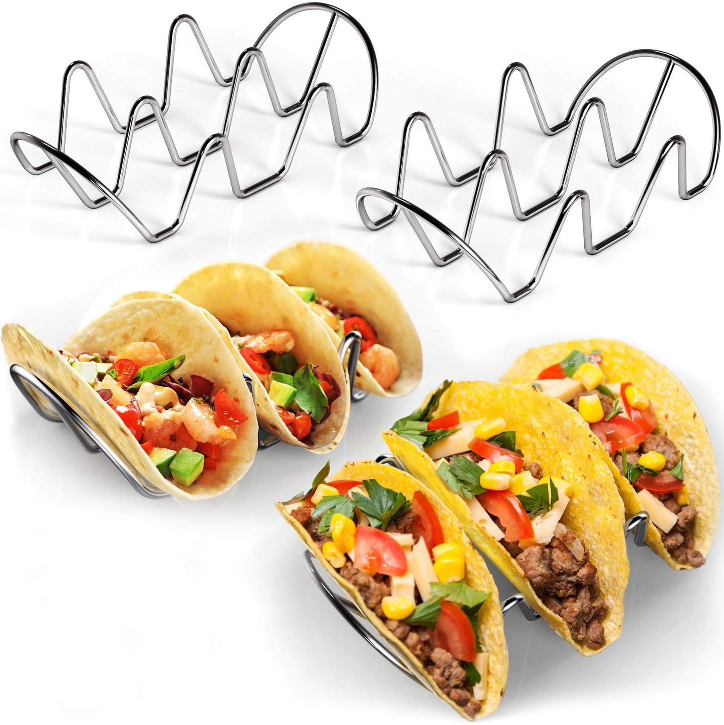 WIDBI Premium Taco Holders - 4 Pack Stainless Steel Taco Stands Holds 12 Standard Tacos (3 Each) - Fits Most Plates & Air Fryers - Dishwasher & Oven Safe – For Soft & Hard Shell Tacos