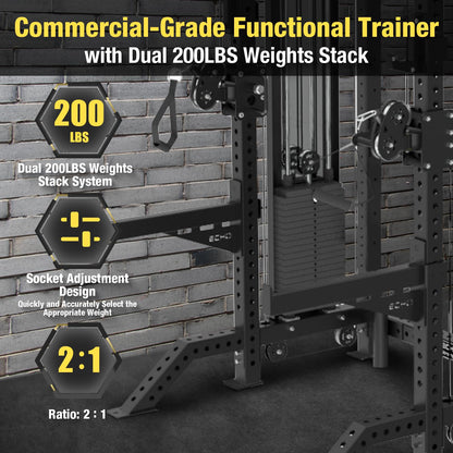 Commercial Functional Trainer Cable Machine with Dual Weight Stacks Power Cage Squat Rack Cable Crossover Exercise Machine with Pulley System All in One Home Gym Systems, Functional Trainer(Model A)