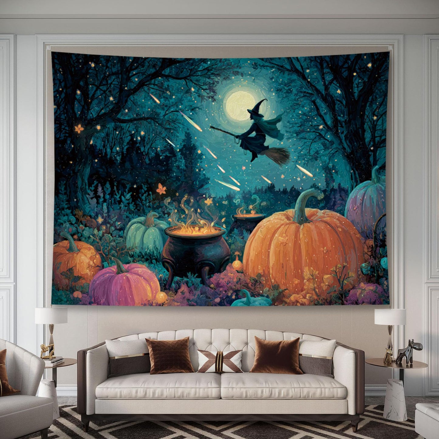 Liuzhouzai Halloween Pumpkin Tapestry Wall Hanging Broomstick-Riding Witch Personalized Background Living Room and Bedroom Wall Decoration 48 x 36 Inches