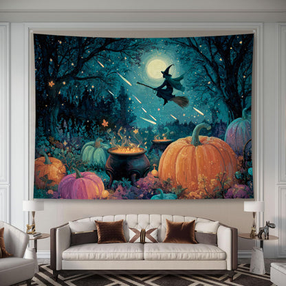 Liuzhouzai Halloween Pumpkin Tapestry Wall Hanging Broomstick-Riding Witch Personalized Background Living Room and Bedroom Wall Decoration 48 x 36 Inches