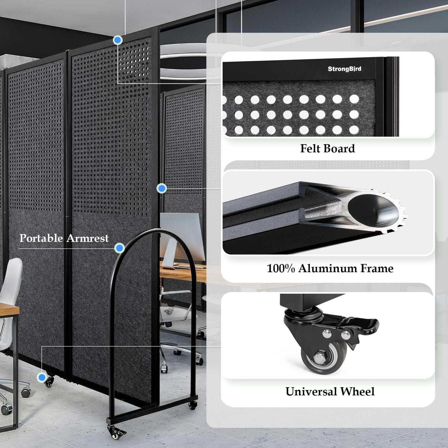 Folding Room Partition,Freestanding Privacy Divider,Portable Office Divider Wall,Commercial Space Partition Screen,Perforated Felt Panel Design,10'6"W x 6'7"H,5 Panel,Dark Grey
