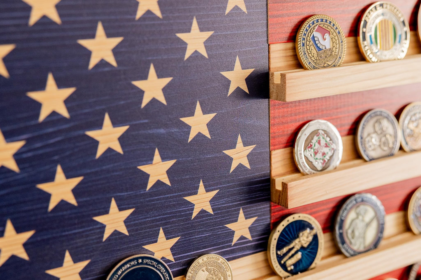 Flags of Valor American Flag Challenge Coin Display Holds 100 Coins Wooden Military Coin Holder Wall Decor Veteran Made Patriotic Flag Art Ready to Hang USA Handmade (Medium Unframed, 19" H x 36" W)