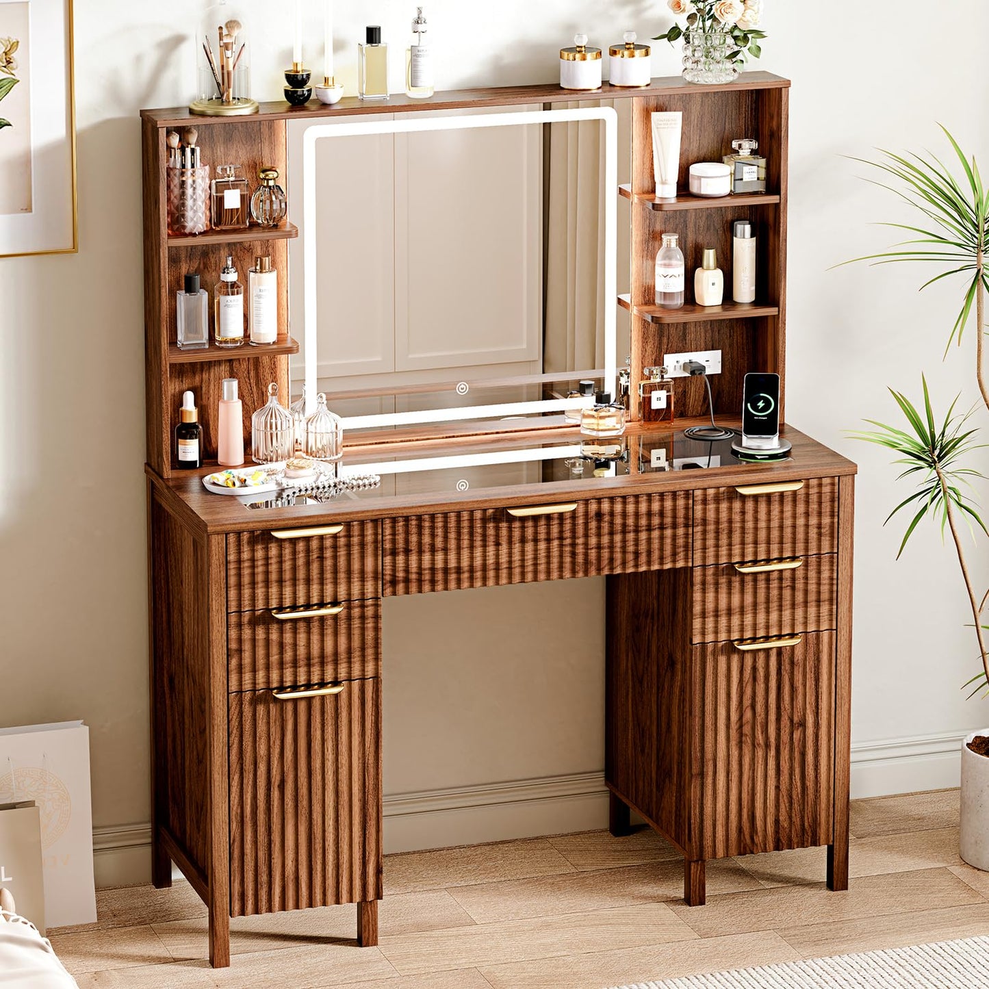 Vanity Desk with Large 27.2" Mirror and Lights 47.2" Fluted Makeup, 5 Drawer Vanity with Power Strip, 4 Open Shelves, 2 Cabinet, Modern Bedroom Vanity Featuring Visual Transparent Glass. Brown