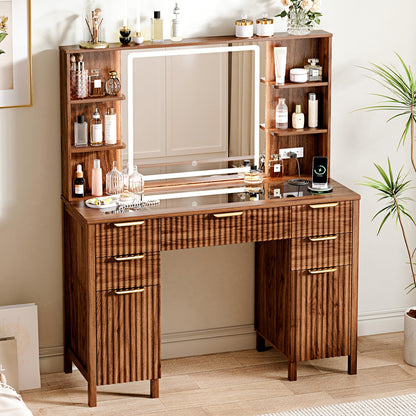 Vanity Desk with Large 27.2" Mirror and Lights 47.2" Fluted Makeup, 5 Drawer Vanity with Power Strip, 4 Open Shelves, 2 Cabinet, Modern Bedroom Vanity Featuring Visual Transparent Glass. Brown