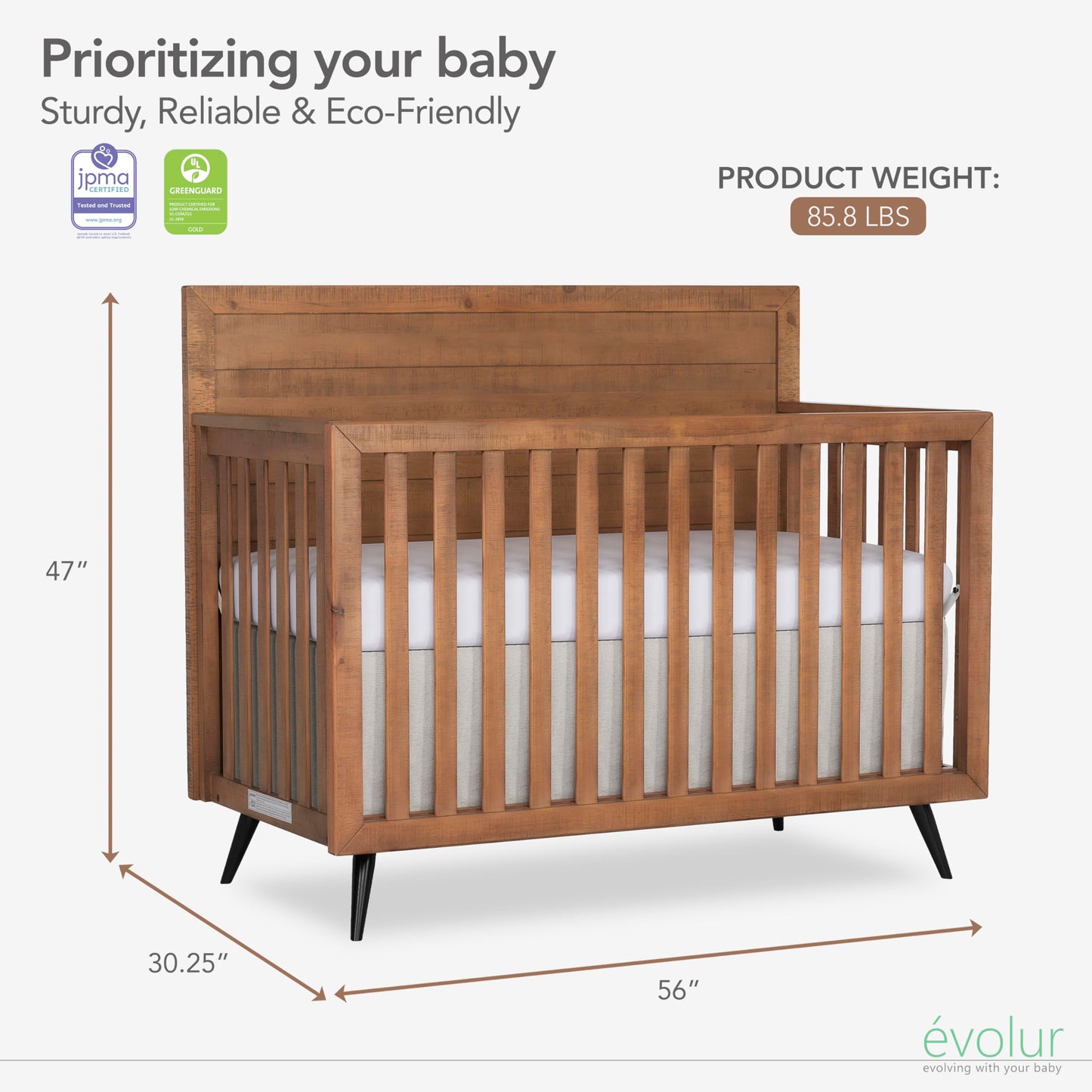 Evolur Stilnovo Mid-Century 4-in-1 Convertible Crib in Sugarcane – Greenguard Gold Certified, Solid Wood Construction, 3 Mattress Heights – Converts to Toddler, Daybed & Full-Size Bed