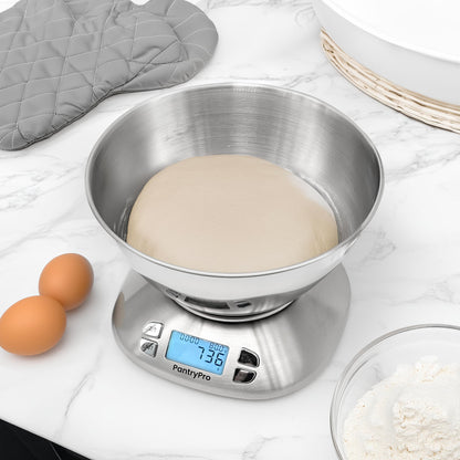 Stainless Steel Digital Kitchen Scale w. Bowl - for Food Coffee Lab - LCD Display gram Ounces lb:oz lb ml - 12 LBS/5.5 KG Capacity - Battery Included - Silver by The Display Guys