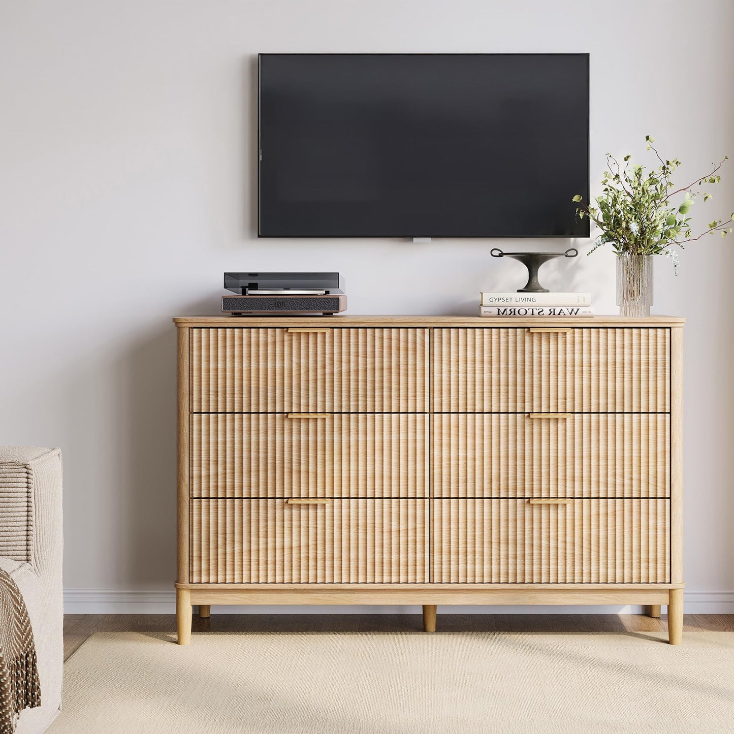 LINSY Fluted 6 Drawer Dresser for Bedroom, 54" Wide Mid-Century Modern Tall Chest of Drawers, Deep Storage Dresser with Curved Corner Design, Large Accent Wood Cabinet for Bedroom, Oak