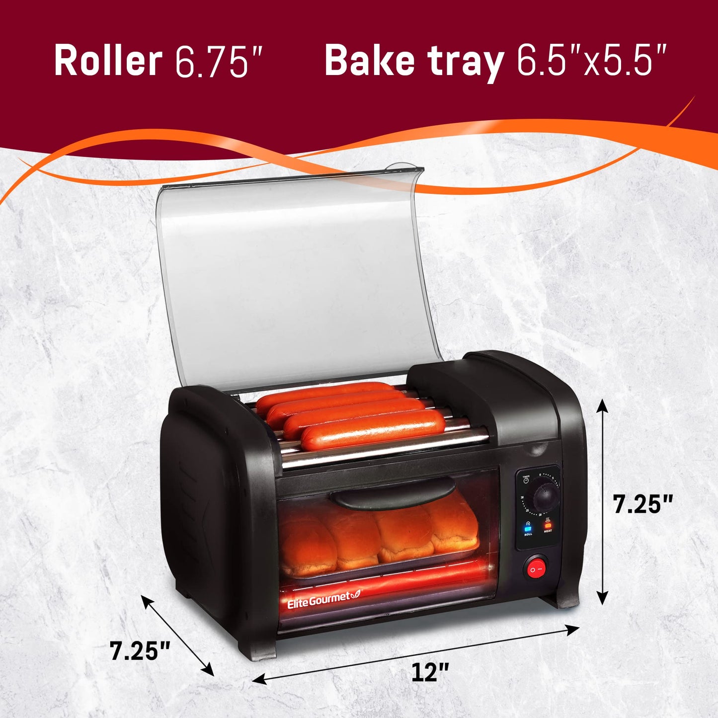 Elite Gourmet EHD-051BX Hot Dog Toaster Oven, 30-Min Timer, Stainless Steel Heat Rollers Bake & Crumb Tray, World Series Baseball, 4 Bun Capacity, Black