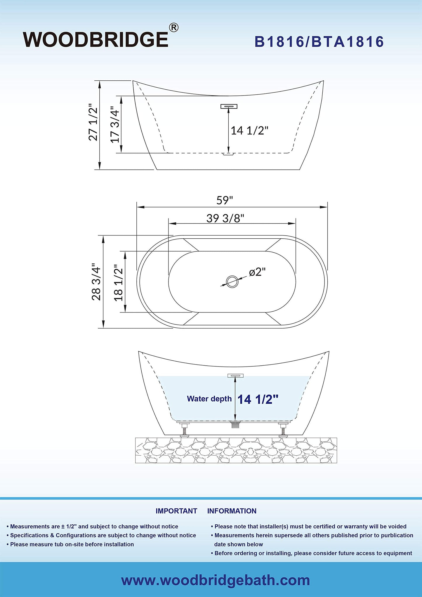 WOODBRIDGE 59" Acrylic Freestanding Bathtub Contemporary Soaking Tub with Brushed Nickel Overflow and Drain, B-1816 Black Color
