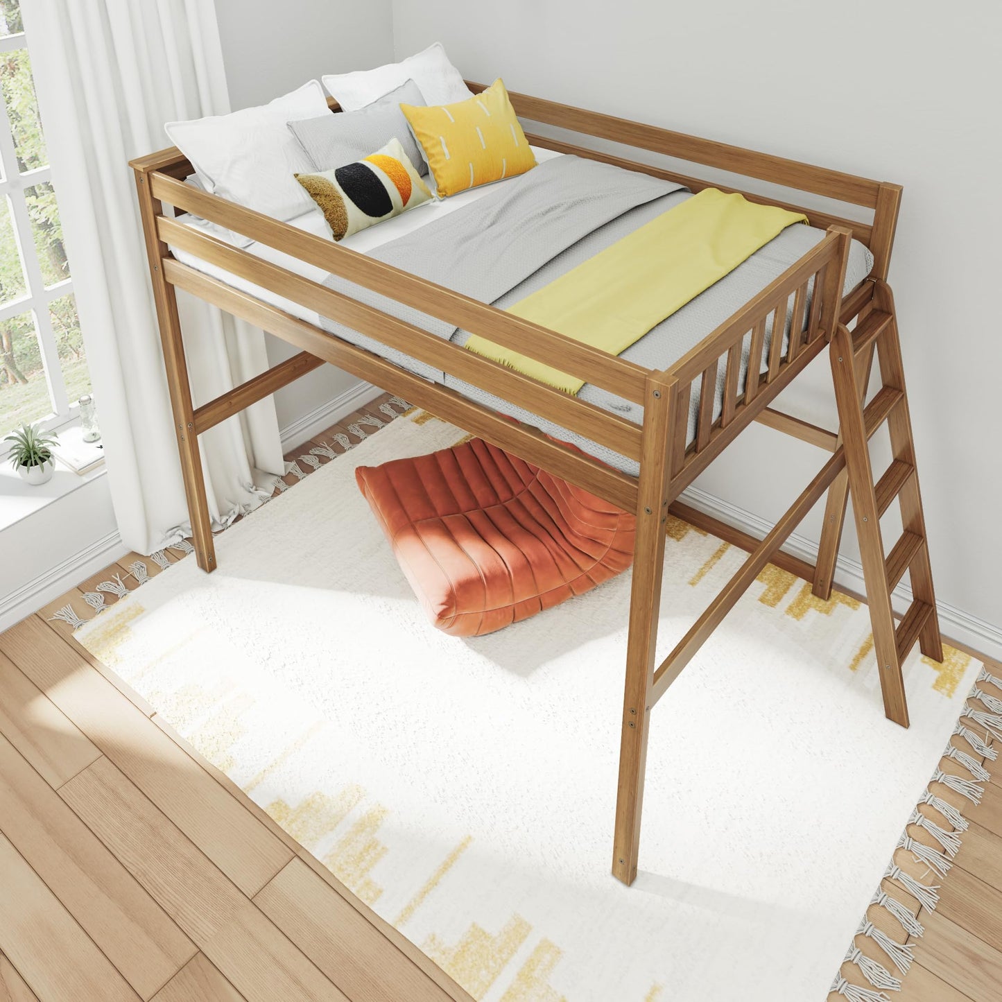 Max & Lily Full Size High Loft Bed with Ladder on End, Pecan, Solid Wood Modern Bed Frame for Kids/Teens, Pine, Non-Toxic Finish, 400 lb. Weight Capacity, Easy Assembly