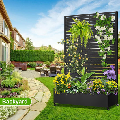 Meyoppm 72"x47"x16" Metal Planter Box with Trellis, Galvanized Steel Raised Garden Bed with Lockable Casters & Drainage Holes, Outdoor Large Planter Box for Climbing Plants, Vegetables & Flowers