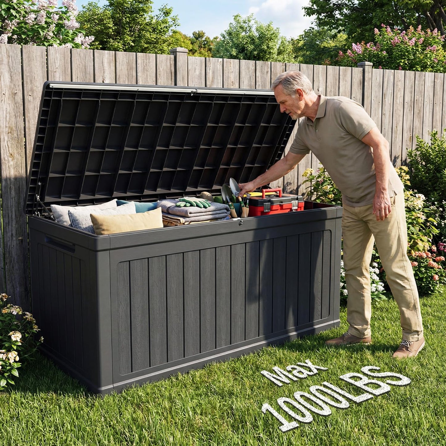 KDYMOD 320 Gallon Outdoor Storage Deck Box, Waterproof Resin Deck Boxes with Handle & Lockable for Patio Furniture, Garden & Pool Tools -Swimming Pool, UV Resistant, Black (320)
