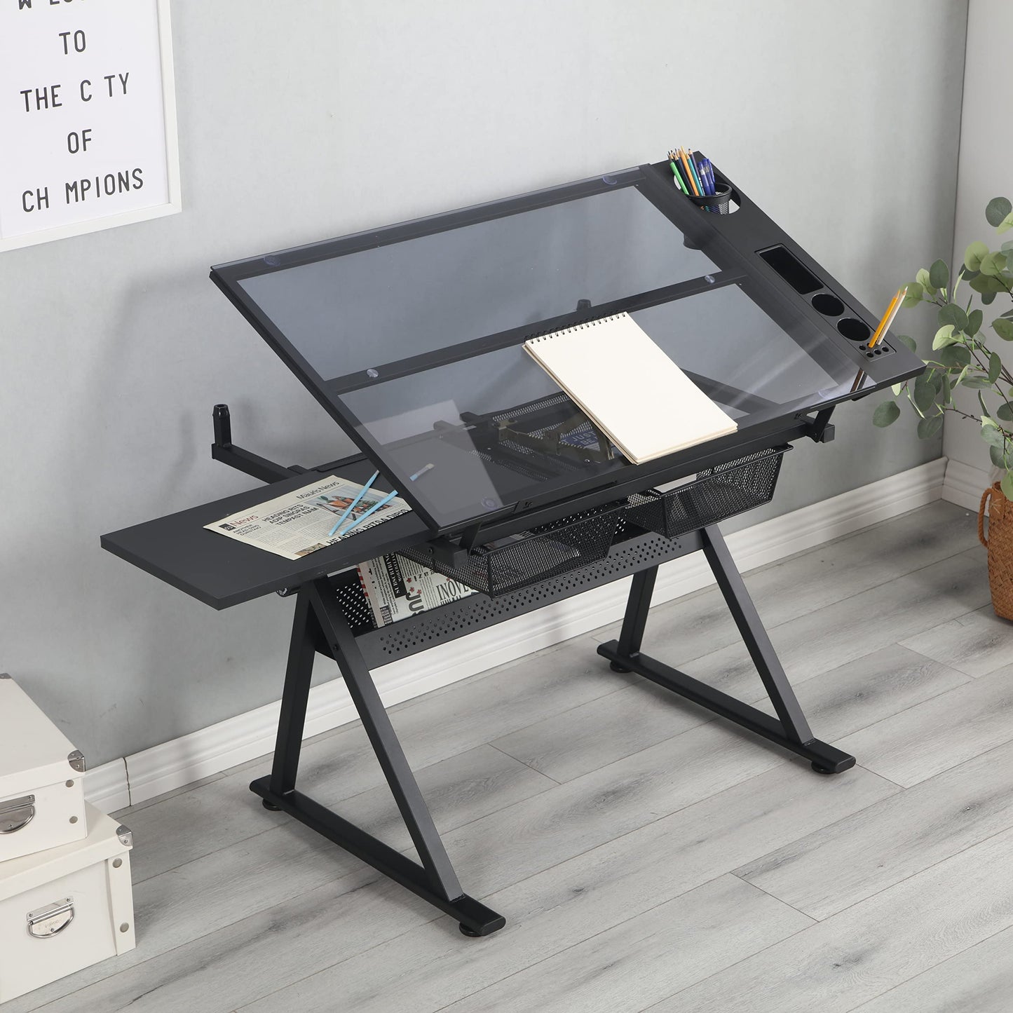 Adjustable Tempered Glass Drafting Table with Chair, Multi-Purpose Writing Desk for Home Office, Standing Desk, Gaming Desk, Computer Desk with Storage, Long Desk for Small Spaces,A1