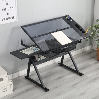Gecheer Black Adjustable Tempered Glass Drafting Table with Chair, 0-75° Tilt Desktop, 5mm Thick, Two Metal Drawers & Side Storage Strips, Height & Angle Adjustable for Uneven Floors