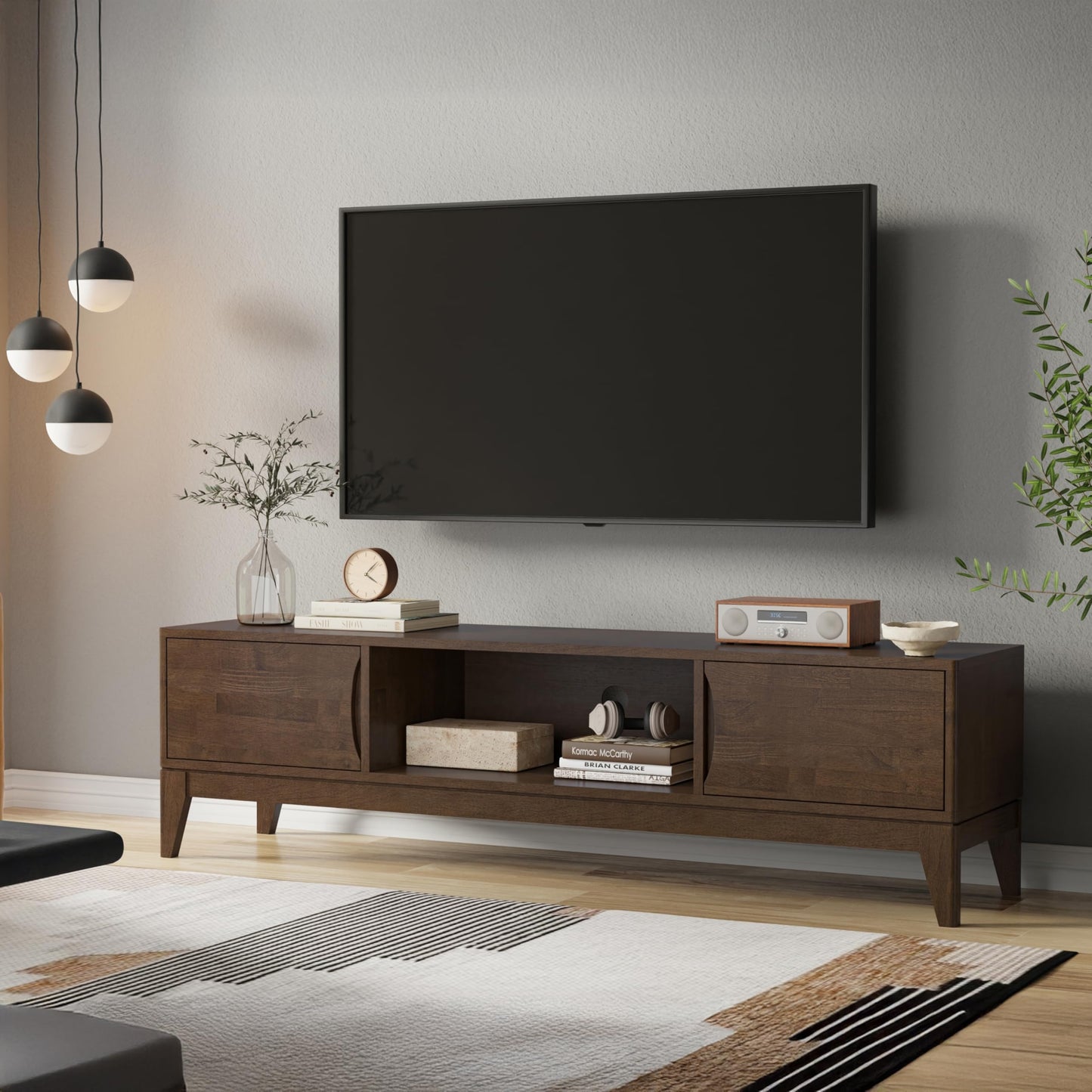 SIMPLIHOME Harper TV Stand - 72 inch Wide Solid Wood Low Media Console in Walnut Brown, Mid Century Modern Entertainment Center for Living Room for TVs up to 80 Inches with Shelf and Cord Management