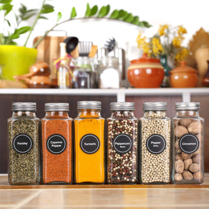 AOZITA 14 Pcs Glass Spice Jars with Spice Labels - 4oz Empty Square Spice Bottles - Shaker Lids and Airtight Metal Caps - Chalk Marker and Silicone Collapsible Funnel Included