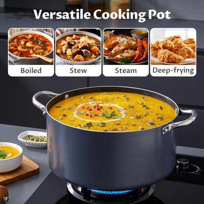BEZIA 6 Quart Cooking Pot, Non Stick Induction Stock Pots with Lid, All Stove Compatible, 6 QT Aluminum Soup/Stew Pot For Small Households, Grey