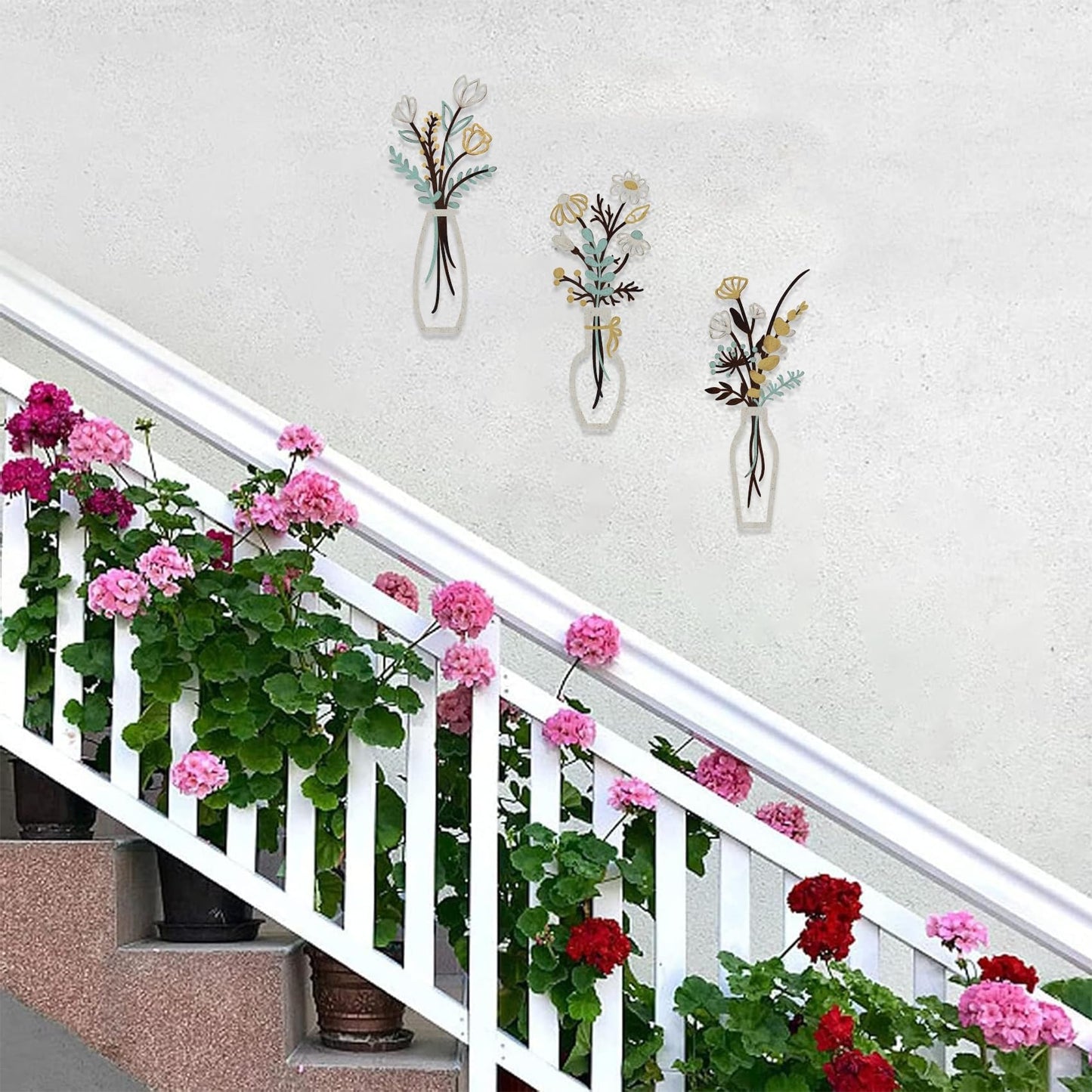 Aikgidtt 3 Pieces Metal Flowers Wall Art Set | Rustic Indoor & Outdoor Wall Decor with Mounting Kit Waterproof Finish for Bathroom Bedroom Living Room | House-Warming Gifts (Beige Gold)