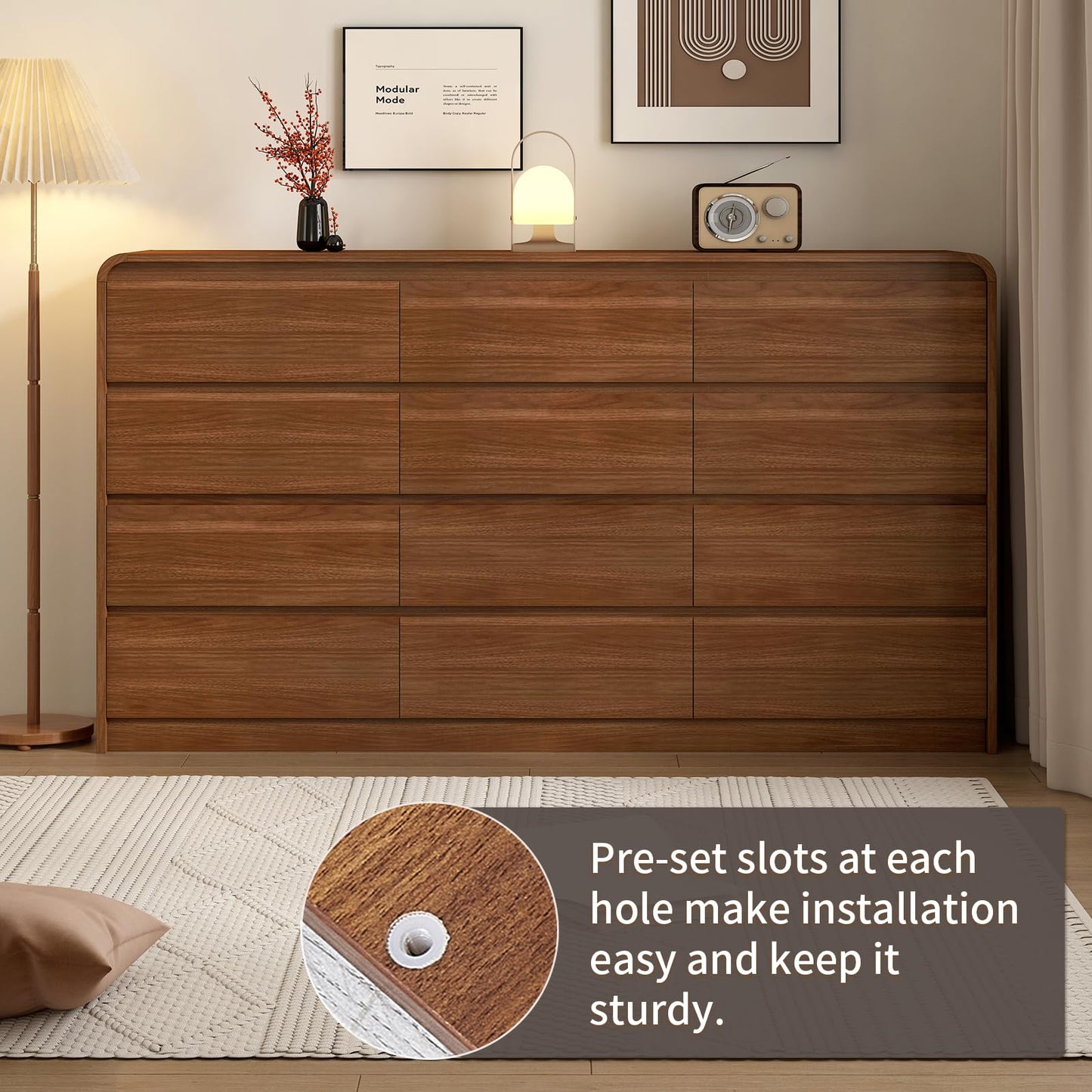 Messenya Modern 12-Drawer Dresser 63-Inch Wide, Curved Anti-Collision Design, Mid-Century Storage Cabinet with Pre-Embedded Slots, Sturdy Reusable, Ideal for Bedroom/Living Room/TV (Brown, 12-63)