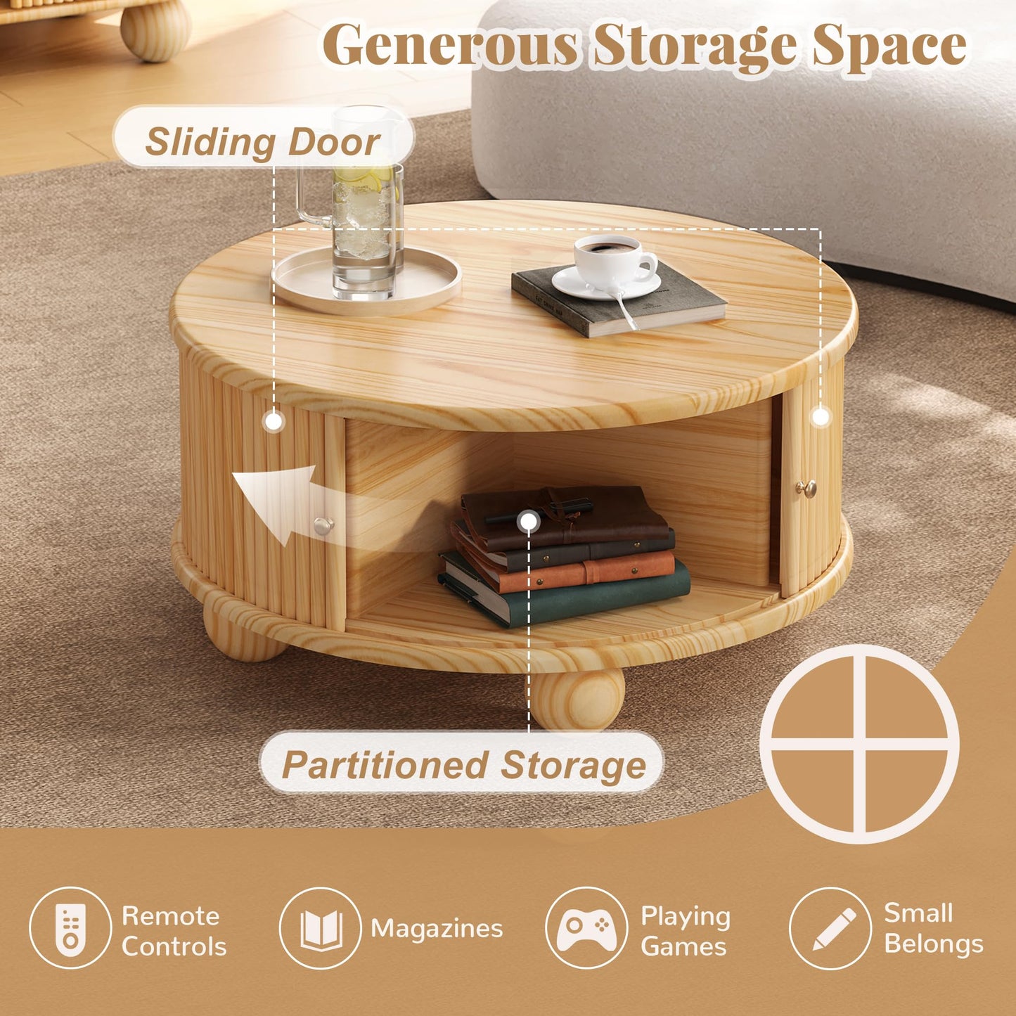 Merax Modern Round Fluted Coffee Table with Storage & Sliding Door – 31.8" Solid Pine Wood Center Table – Living Room Cocktail Table with Hidden Compartment, Natural