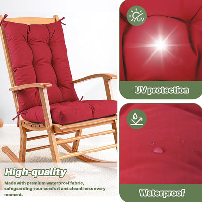 QemoraHome Set Rocking Chair Cushion Waterproof Weather Resistant Tufted with Ties, Non-Slip High Back Chair Pads