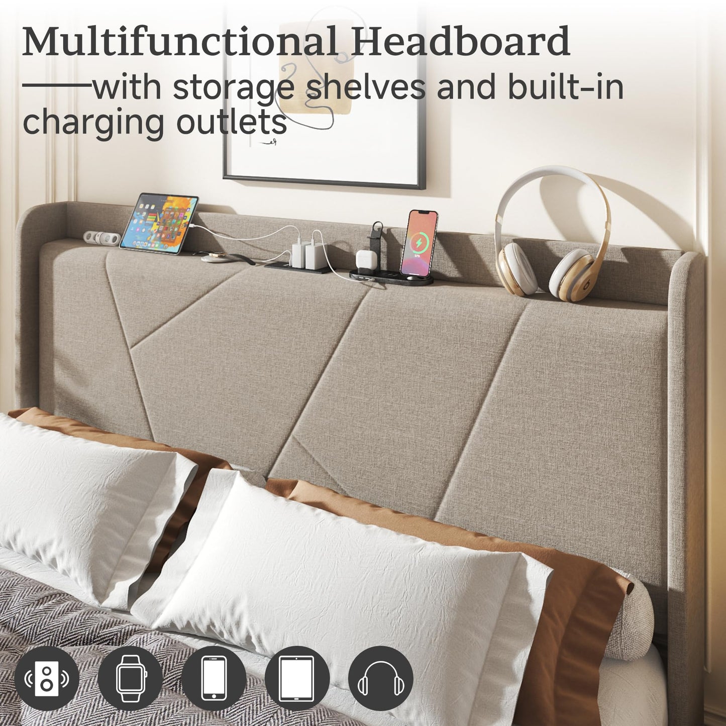 King Size Linen Bed Frame, Storage Headboard with Charging Station, Upholstered Platform Bed with Wooden Slats Support, Solid and Stable, Noise Free, No Box Spring Needed, Easy Assembly, Beige
