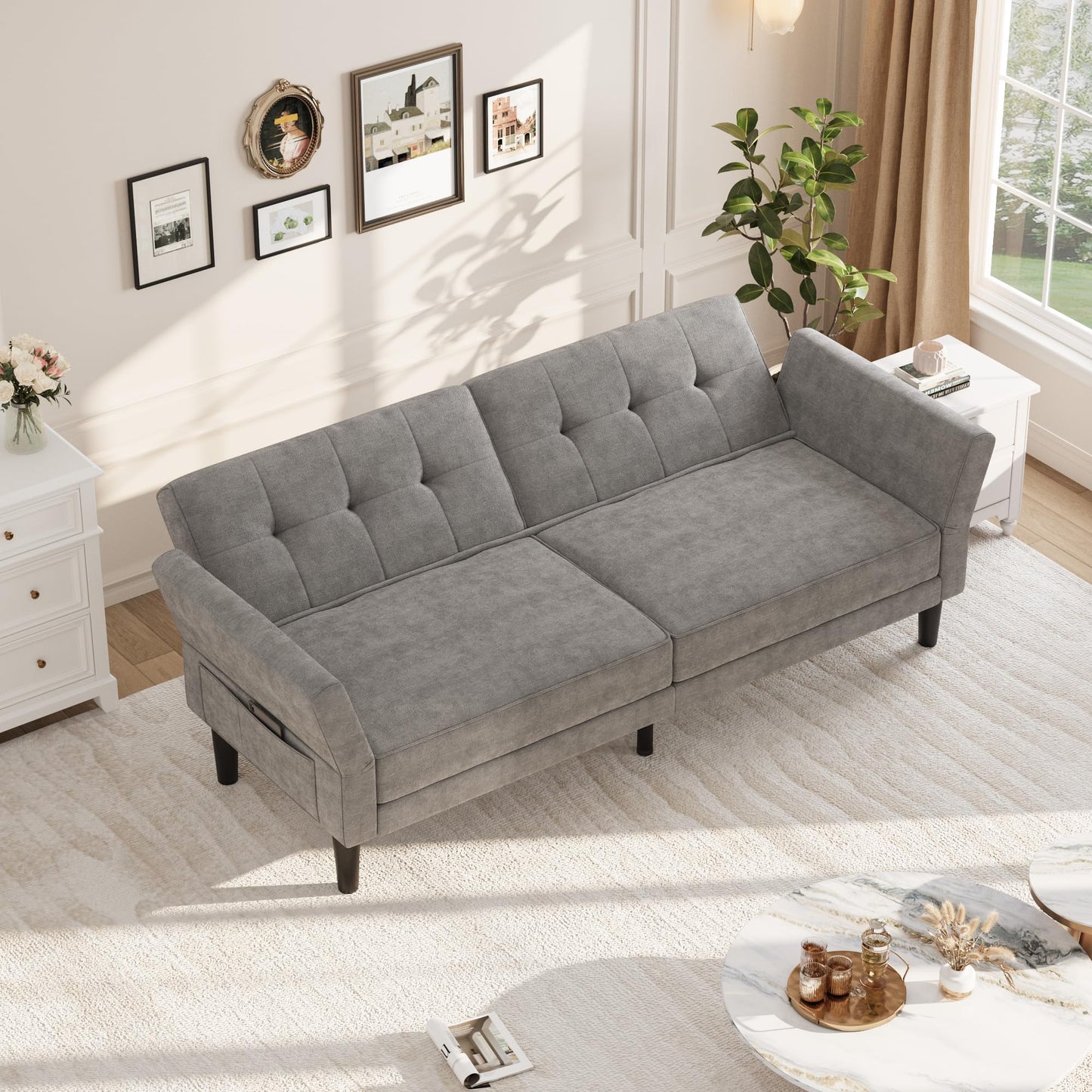 Garvee 89" Futon Sofa Bed, Modern Futon Couch Bed with Adjustable Backrest & Armrest, Comfy Convertible Sleeper Couch for Living Room Bedroom Apartment, Grey