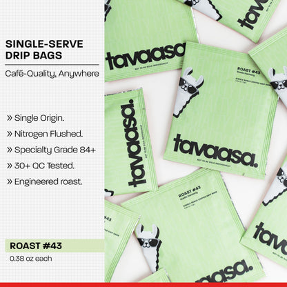 Tavaasa Engineered Specialty Coffee 10x11g Drip Bags |Roast #43, Rustic Harmony|84+,GoldenHoney, Lush Peach & Blueberry|Single-Serve Pour Over|Nitrogen-Flushed Sachets|SO, 100% Arabica, Hot Brew, 110g