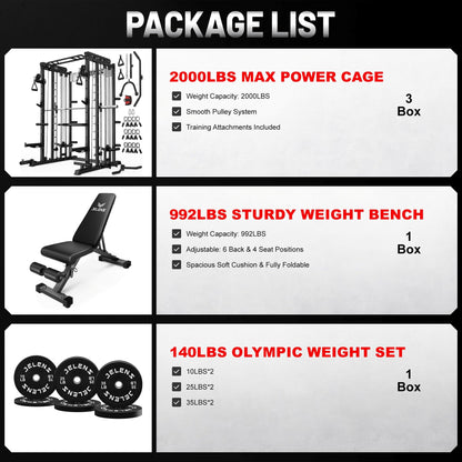 JELENS Smith Machine for Home Gym, Multi-Function M12 Power Cage, Squat Rack with Smith Bar and More Attachment (Black, 140LB Black Weights Package)