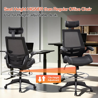 BOLISS Tall Ergonomic Office Chair, Sustainable Tech-Leather Drafting Chair with Adjustable Foot Ring, 90° Flip-Up Arms Space Saving Mesh Computer Desk Chair for Standing Desk Executive Work 8+ Hours