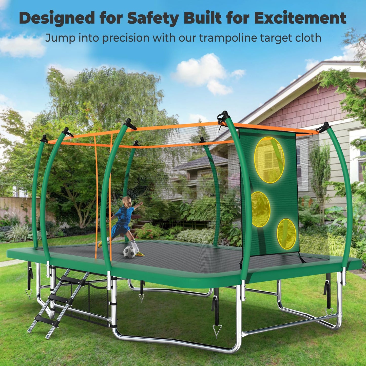 Lyromix 16FT Outdoor Rectangle Trampoline for Kids and Adults, Rectangular Trampoline with Curved Poles, Pumpkin Trampolin with Light, Sprinkler, Soccer and Storage Bag