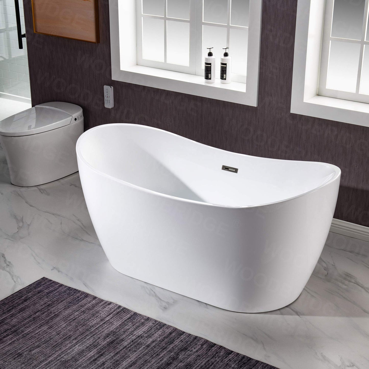 WOODBRIDGE B0016 C 59" Freestanding Bathtub Contemporary Soaking Tub, White Acrylic Drain/Overflow, B-0016 Chrome+ Pillow