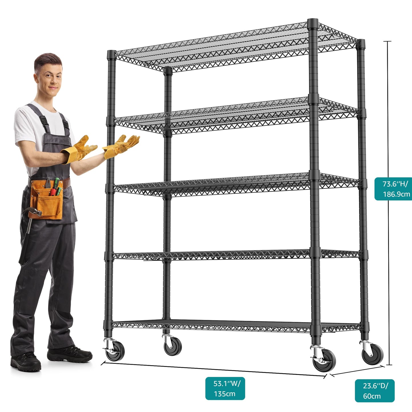 M MZG 3300LBS 53.1" W 5 Tiers Shelf Steel Storage Shelving Utility Shelving Unit Steel Organizer Wire Rack for Home,Kitchen,Office,Garage Black 23.6" D x 53.1" W x 73.6" H