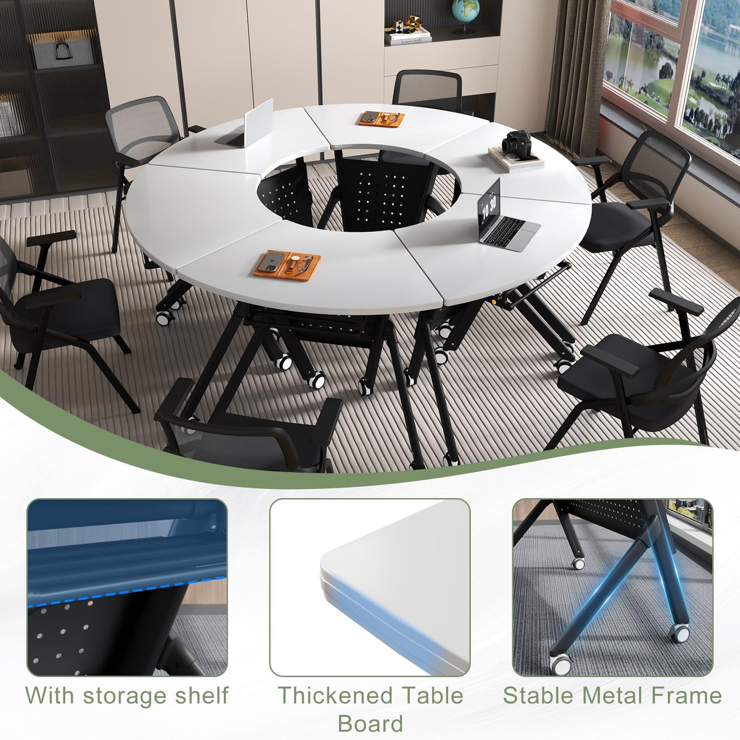 JFazzruit Folding Conference Table,Fan-Shaped Conference Room Tables with Wheels, Mobile Modular Seminar Meeting Desk for Classrooms,Office & Seminar (4, Fan-White)