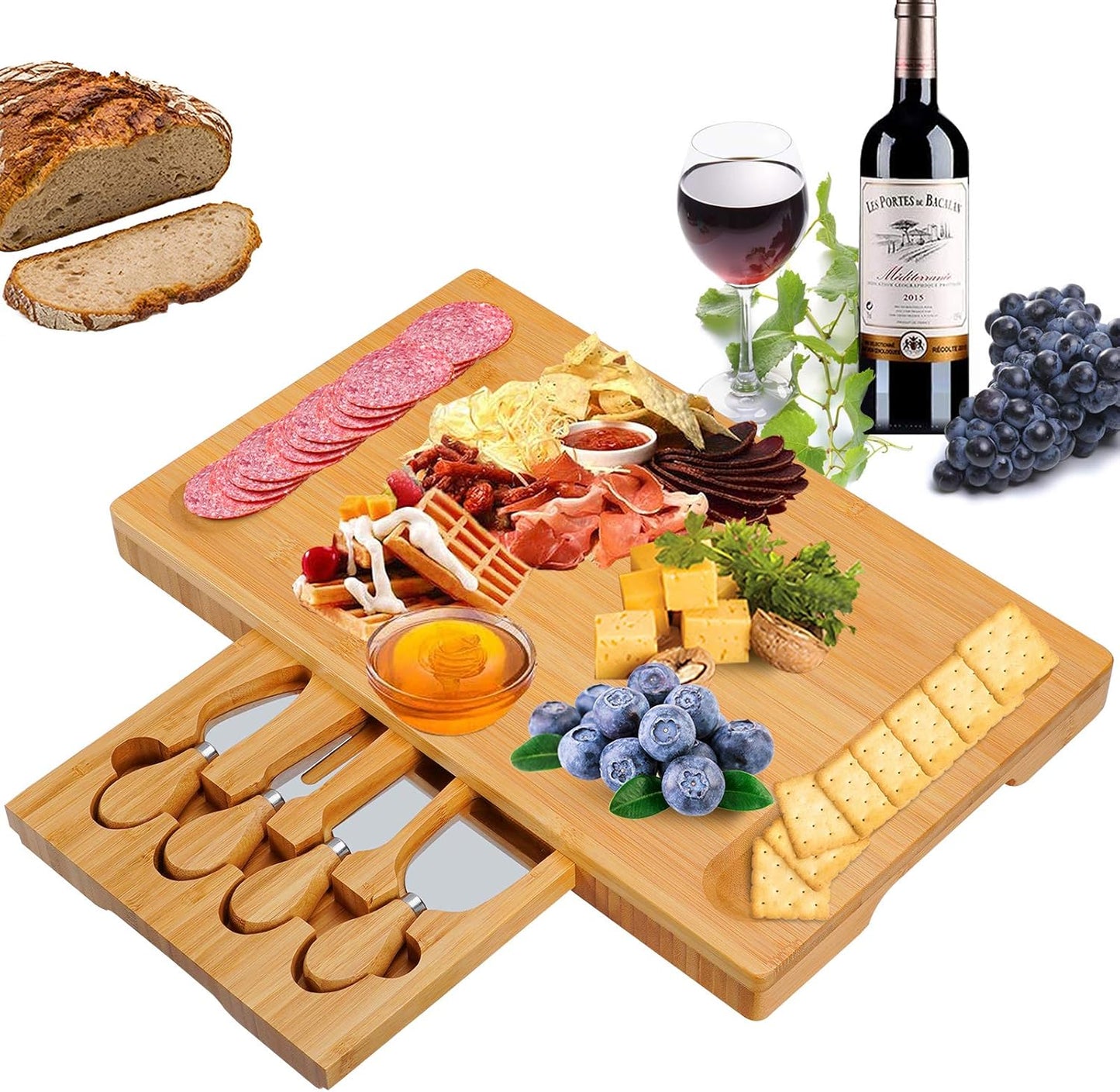 Bamboo Cheese Board and Knife Set, Wood Charcuterie Platter with Slid-Out Drawer for Wine, Meat & Crackers