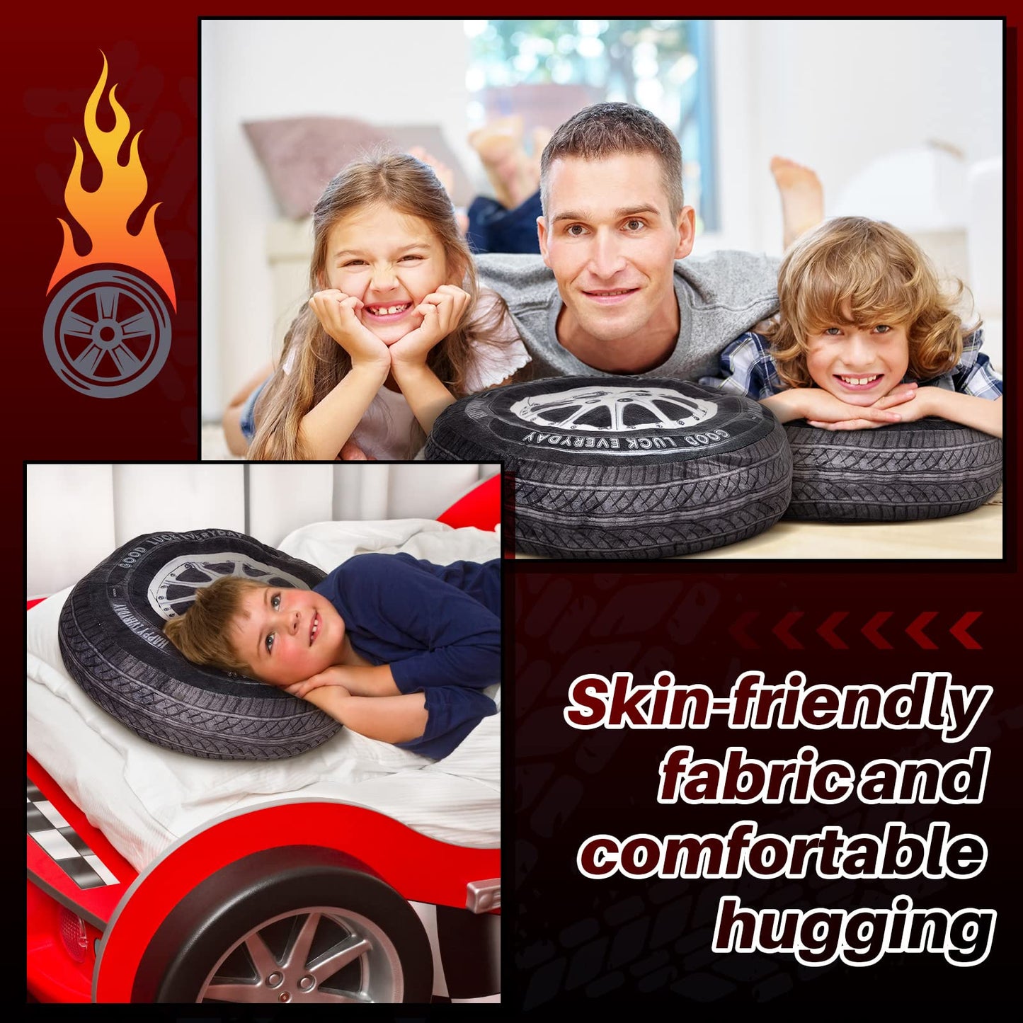 Meooeck 1 Pc Race Car Room Decor 3D Simulation Wheel Plush Pillow, 15.7 Inch Car Tire Big Soft Pillow Wheel Sofa Seat Toy for Boys Funny Bedroom Decorations Race Cars Party Gift (Classical)