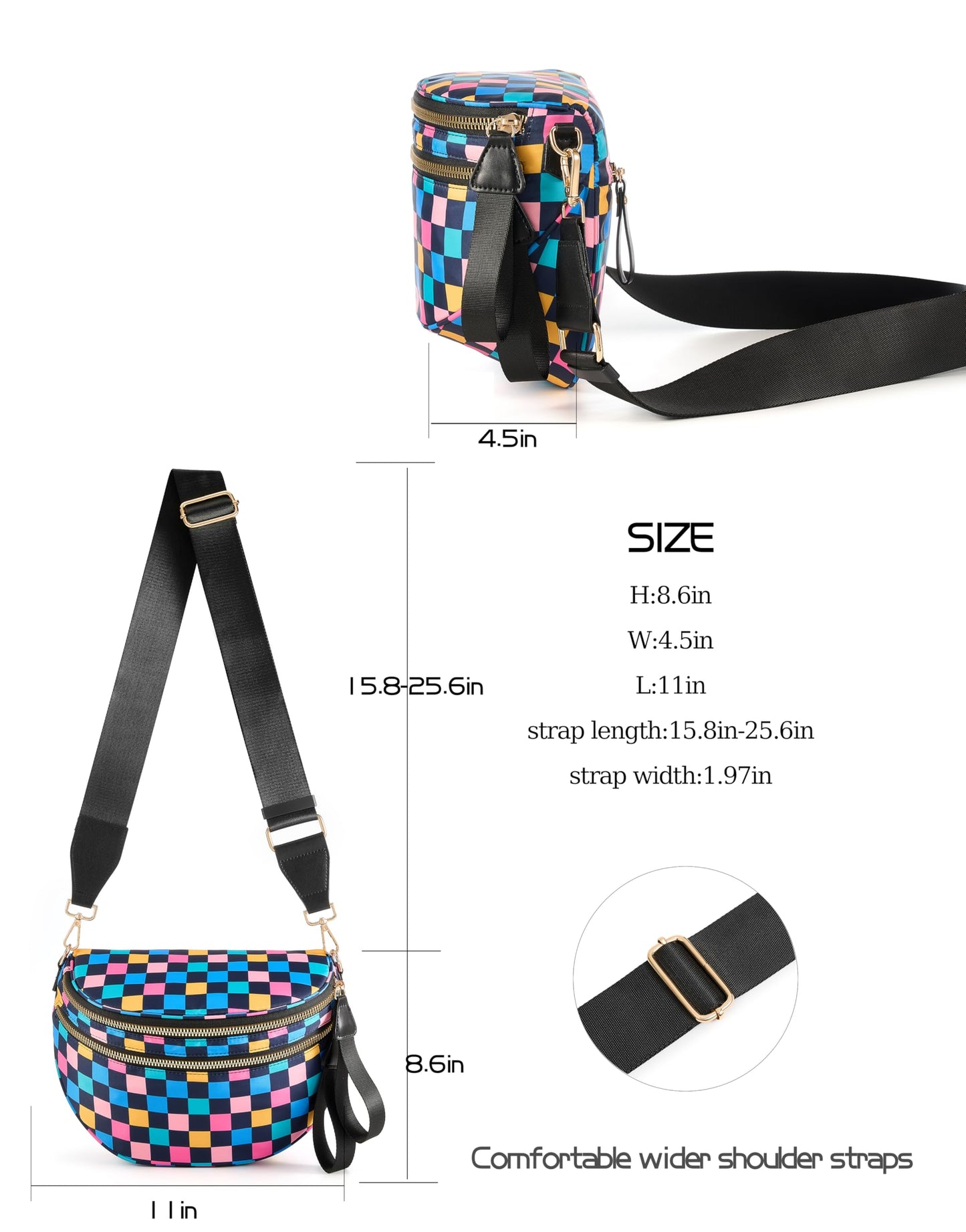 Spacious Checkered Nylon Crossbody Bag Bum Bag Checkered Handbags Wallets for Women