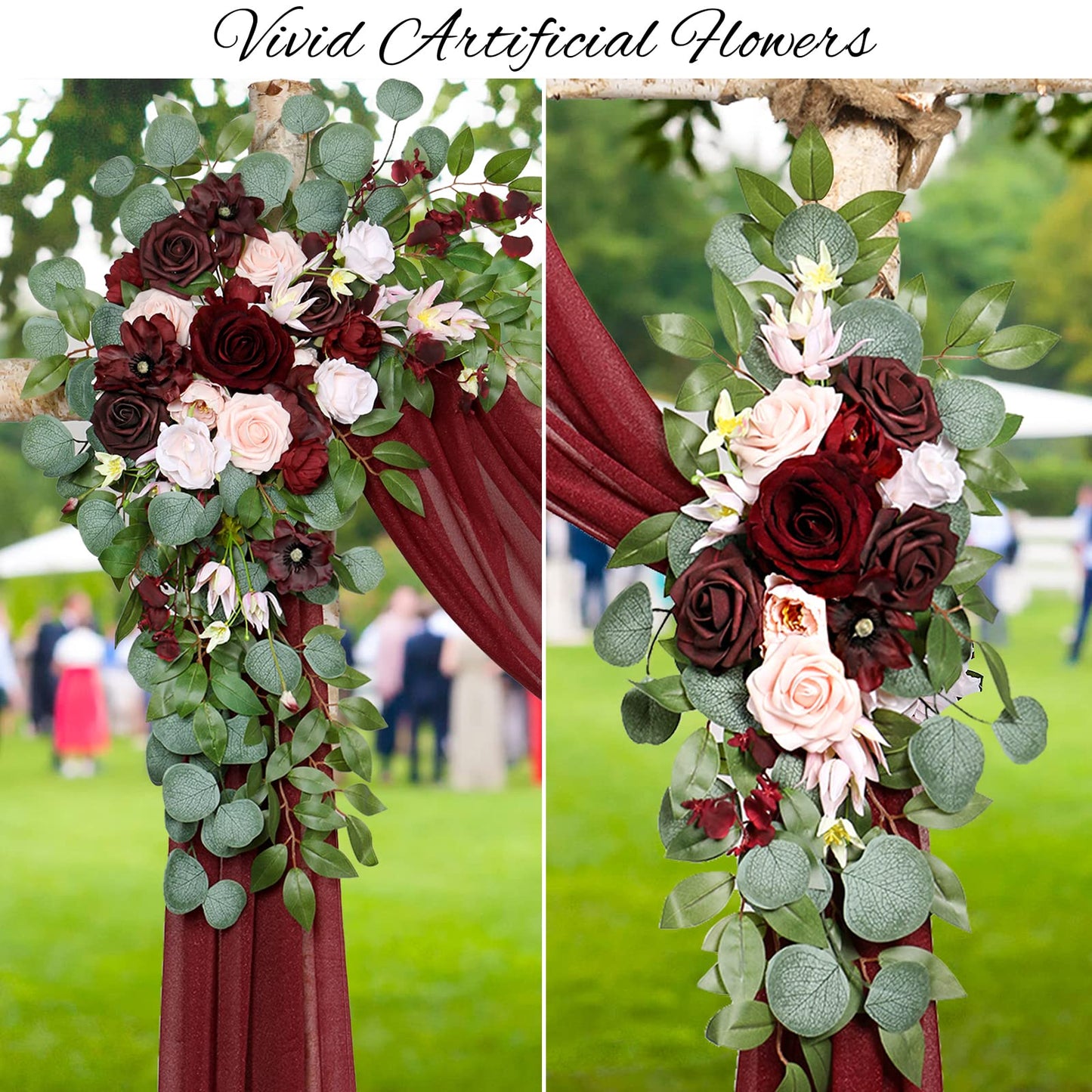 Ponatia Burgundy Wedding Artificial Arch Flowers Kit (Pack of 3) With 26Ft Shiny Arch Draping Fabric for Ceremony and Reception Backdrop Decoration (Burgundy & Blush)