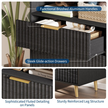 Garvee 53.9" Wide Luxury 6 Drawers Dresser with LED Lights & Charging Station, Curved Fluted Wood Chest of Drawers with Gold Handles, Modern Storage Cabinet for Bedroom Living Room, Black