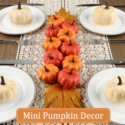 LZNPA 16PCS Artificial Mini Fake Pumpkins Set with Fall Leaves，Foam Plastic Carvable DIY Small White Craft Pumpkins Decor for Thanksgiving Halloween Home Fall Porch Table Decor