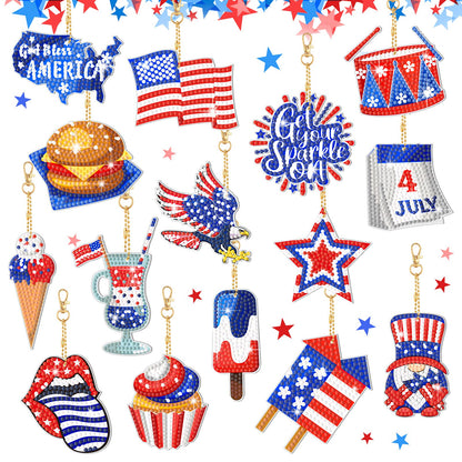 Ecally 15 Pcs Patriotic 4th of July Diamond Painting Keychains 5D DIY Art Ornaments for Independence Day Decor (Vivid)