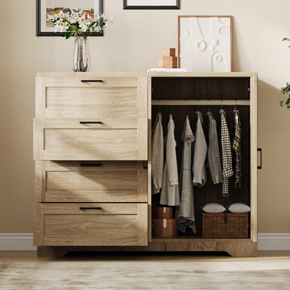 IDEALHOUSE 43.3'' H Armoire Wardrobe Closet with 4 Drawers and 2 Doors, Hanging Rod, Multifunctional Wooden Dresser with Storage Closet, Bathroom Cabinet for Bedroom, Natural Oak