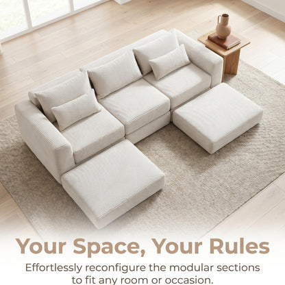 Trygoal 100" Sectional Boneless Couches Set for Living Room, Movable L Shaped Upholstered Modular Couch with 5 Pillows, DIY Combination Cloud Sofa for Apartment & Bedroom, White