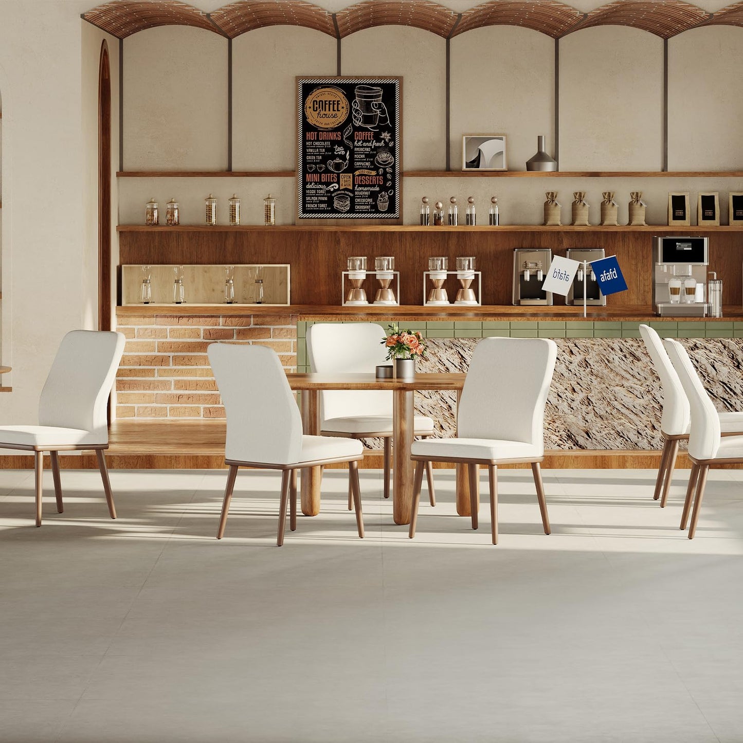 MALOL Upholstered Kitchen Chairs Set of 6, Modern Kitchen Chairs with High Back, Padded Fabric Dining Room Chair with Solid Wood Legs for Restaurant/Cafe/Home, Beige