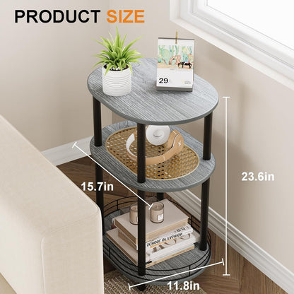 3 Tier Round Side Table with Storage, Oval End Table with Rattan Shelf & Metal Basket - Boho Nightstand, Accent Table