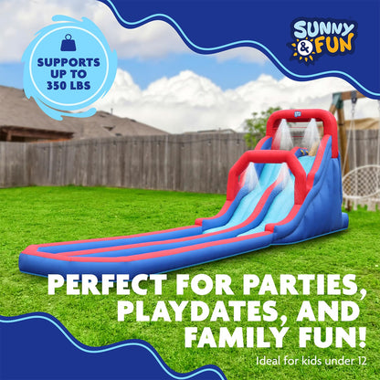 Sunny & Fun Dual Splash Inflatable Water Racing Slide Park – Heavy-Duty for Outdoor Fun - Climbing Wall, Two Slides & Splash Pool – Easy to Set Up & Inflate with Included Air Pump & Carrying Case