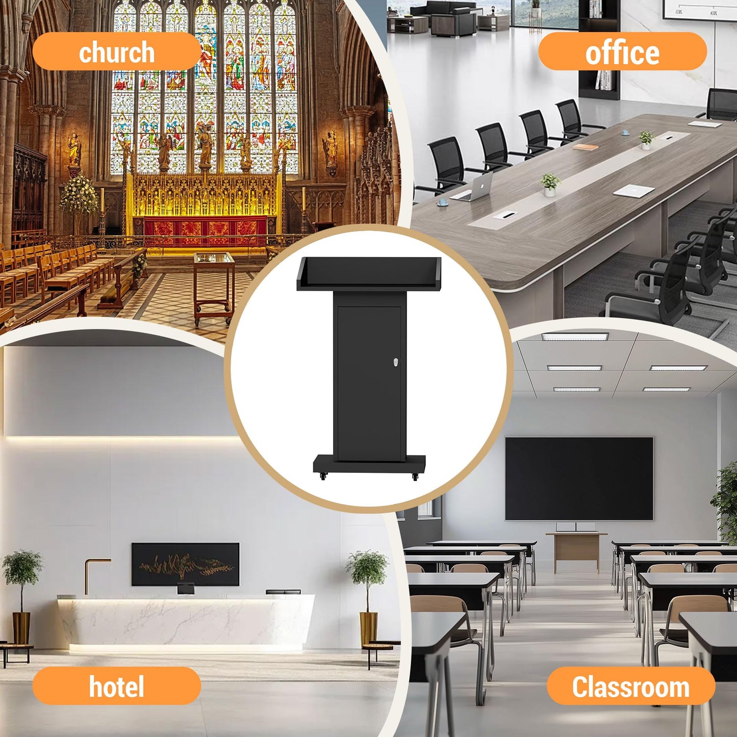 Heavy-Duty Black Metal Podium Stand with Lockable Wheels | Mobile Lectern with Storage Cabinet & Standard 44.56" Height | for Conference Rooms, Churches, Classrooms & Events (Style 3)