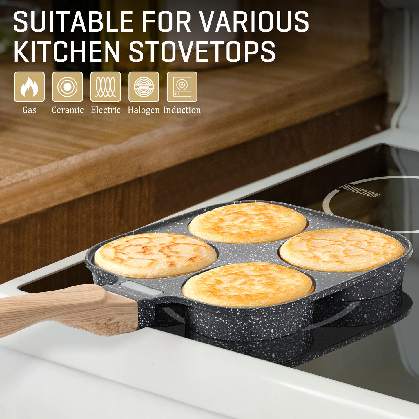 MyLifeUNIT Egg Pan, 4-Cup Egg Frying Pan with Lid, Nonstick Aluminium Alloy Egg Cooker for Breakfast, Pancake, Burger, Sandwiches, Suitable for Gas Stove & Induction Cookware
