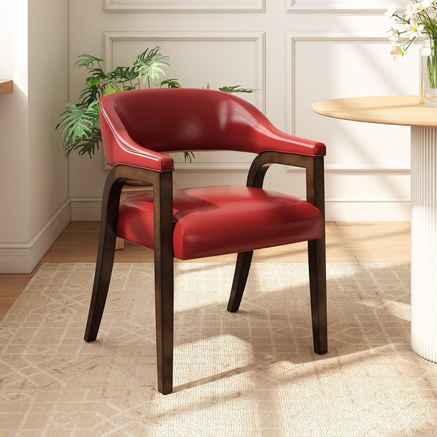 JESONVID Upholstered Barrel Dining Chair Set of 2, 17.72" H Faux Leather Dining Room Chair with Arms Open-Back Dining Chairs w/Wood R Legs Comfy Accent Side Chairs for Home Kitchen, Wine Red