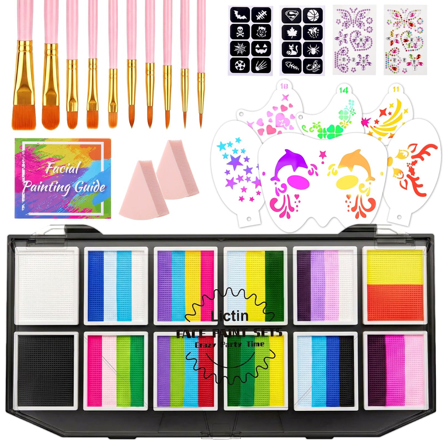 Lictin Face Painting Kit for Kids & Adults - 12x10g Split Face Paint Water Activated Water Based, Professional Body Paint Kit with Facepaint Stencils, Ideal for Party Cosplay Holiday Makeup